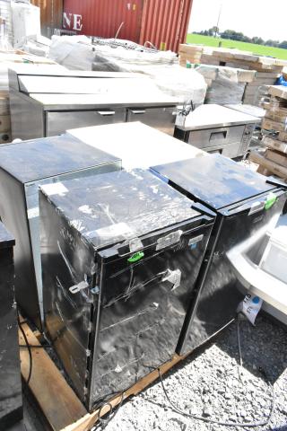 Four mini coolers, including Frigidaire EFRF5003-6COM, Criterion CCR33CE1B, Galanz GL35BK, Midea MRM33S8ASL, displayed outdoors.