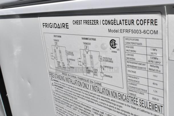 Frigidaire EFRF5003-6COM chest freezer label showing specifications: 115V, 1 Phase, refrigerant R600a, CSA certified.