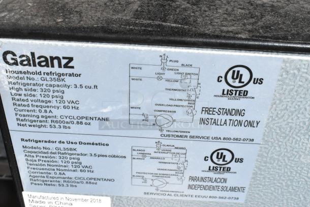 Galanz GL35BK mini cooler label; 3.5 cu.ft capacity, 120 VAC, UL listed. Details on installation and technical specs visible.