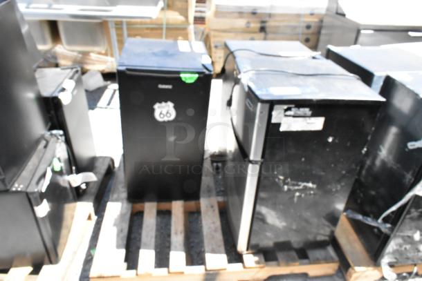 Three mini coolers: Magic Chef HMDR310SE, Galanz GLR33MBKE23, Frigidaire FGFR334. Black, with Route 66 sticker. 115 Volts, 1 Phase.