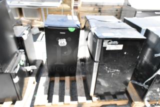 Three mini coolers: Magic Chef HMDR310SE, Galanz GLR33MBKE23, Frigidaire FGFR334. Black, with Route 66 sticker. 115 Volts, 1 Phase.