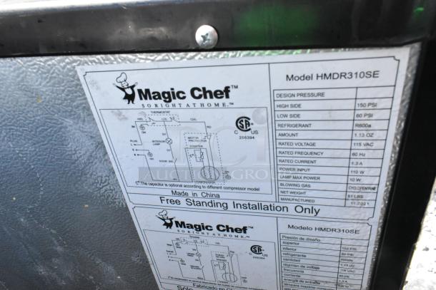 Magic Chef HMDR310SE cooler label showing technical details including refrigerant type and design pressure.