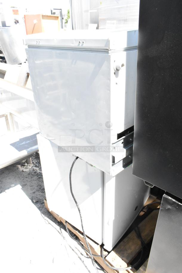 Stacked mini coolers including Galanz GL27BK, Hisense RR17D6ABE, and others. Used condition, 115 volts, 1 phase.