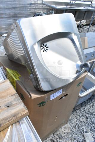 Metal wall mount water fountain, Oasis PG8ACSL model, stainless steel finish, new in box, auction includes two units.