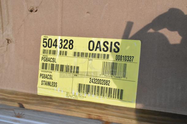 Auction item: Oasis PG8ACSL stainless steel wall mount water fountain label, model and UPC details visible.