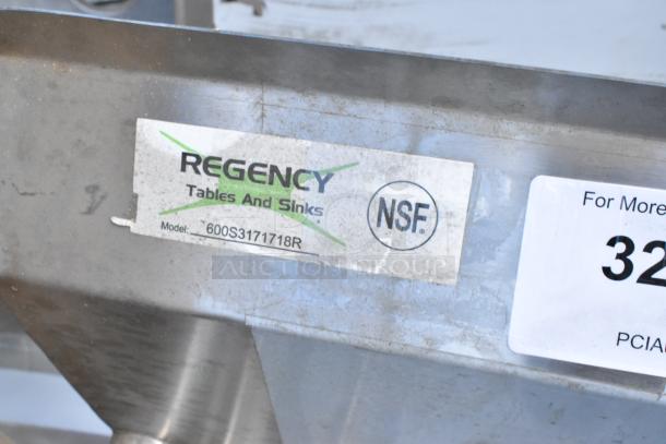 Regency stainless steel 3-bay sink with right side drain board, model 600S3171718R, NSF certified, scratch and dent condition.
