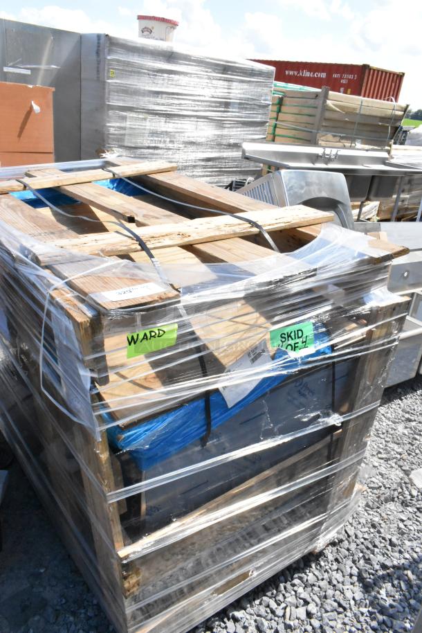 Brand new Advance Tabco EB-SS-305M 30"x60" work table in crate, 14 gauge, with fixed mid shelf, open front cabinet.