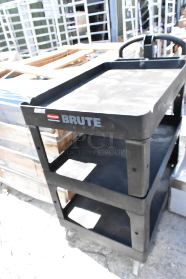Rubbermaid Brute black poly 3-tier cart with commercial casters, brand new, minor scratches, durable construction.