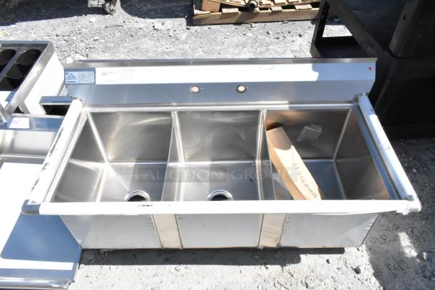Alt text: Advance Tabco FC-3-1620 stainless steel 3 bay sink, brand new with minor dents, visible labels, durable commercial use.