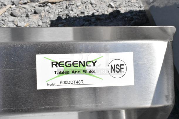 Regency 600DDT48R 16-gauge stainless steel soiled dish table, right drainboard, NSF-certified, brand new, scratch and dent.