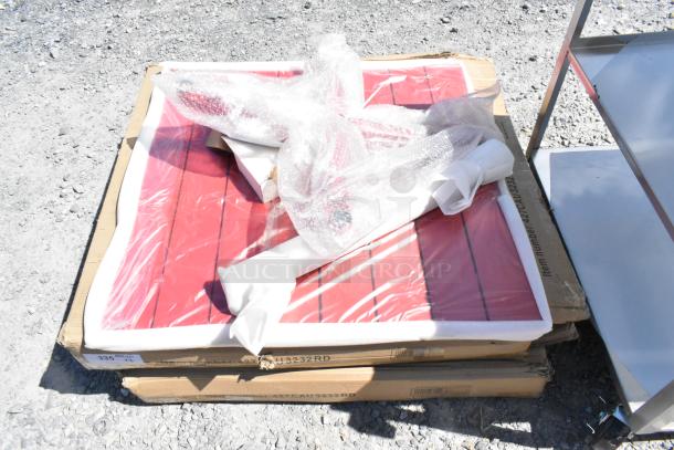 3 Lancaster 32" x 32" red powder-coated aluminum outdoor tables, brand new, with umbrella hole. Scratch and dent condition.