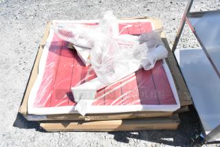 3 Lancaster 32" x 32" red powder-coated aluminum outdoor tables, brand new, with umbrella hole. Scratch and dent condition.