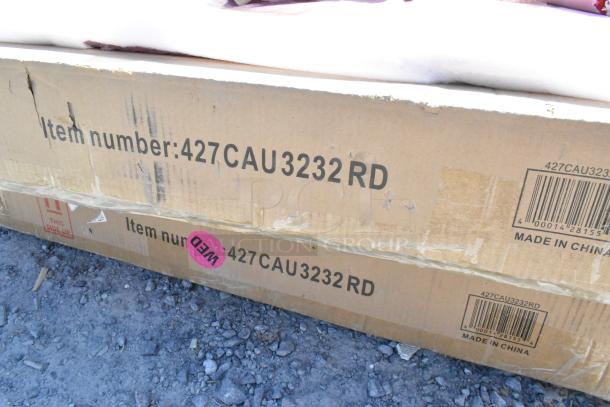 3 Lancaster red aluminum dining tables, model 427CAU3232RD, new with minor damage, 32"x32", umbrella hole, made in China.
