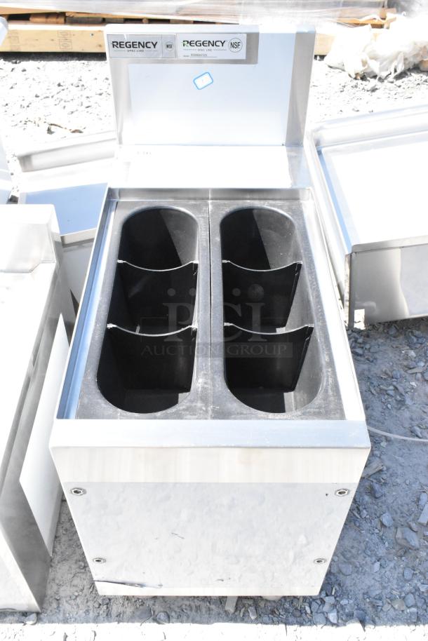 Brand new Regency 600IB2412S 24"x12" underbar ice bin, 35 lb. capacity, no legs, minor cosmetic dents, NSF certified.