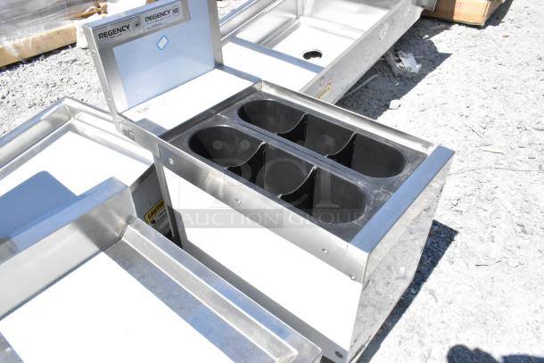 Brand new Regency 600IB2412S Spec Line 24" x 12" underbar ice bin, 35 lb capacity, visible scratches, no legs, labels shown.