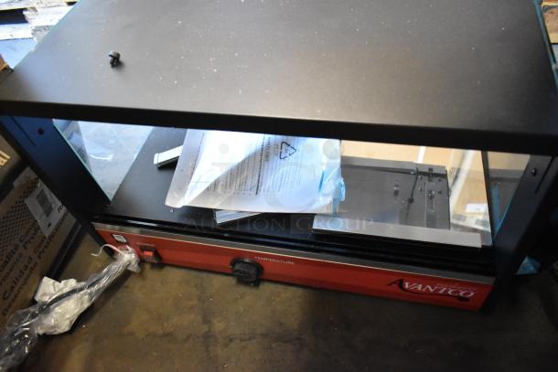 Avantco 177OAM1A metal commercial countertop heated merchandiser, 120V, open-air, red base, with packaging inside.