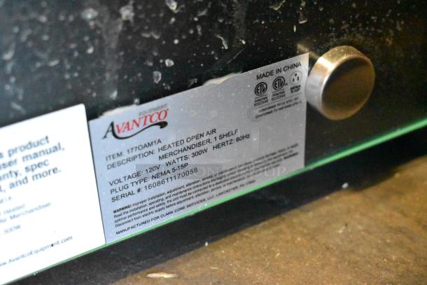 Avantco 177OAM1A heated open air merchandiser label showing model and specifications. 120V, 300W, 60Hz.