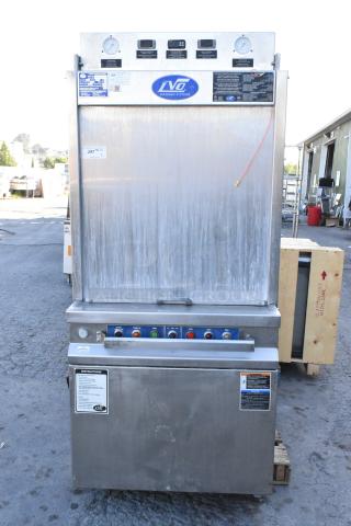 LVO FL14E stainless steel commercial pot and pan washer, front load, 460V, 3 phase. Features control panel and labels.