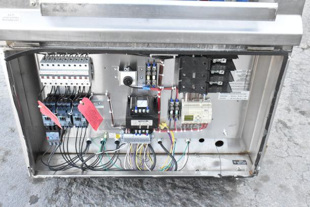 LVO FL14E stainless steel commercial pot and pan washer, 460V, 3 Phase, front load, internal wiring view.