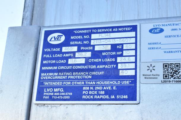 LVO FL14E stainless steel front load washer label. 460V, 3-phase, serial 2113-0413-5607. For commercial use only.