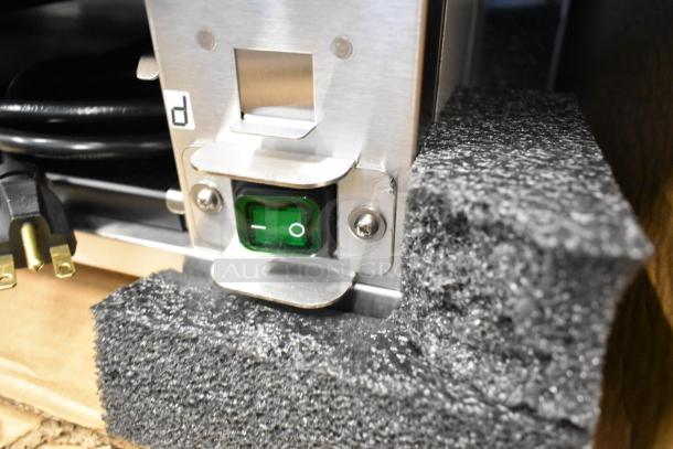 Brand new Prince Castle EHB24F2-JIB16 holding bin, stainless steel, minor scratches, green power switch, protective packaging.