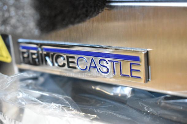 Prince Castle EHB24F2-JIB16 stainless steel holding bin, new with minor scratches. Logo badge visible on the surface.