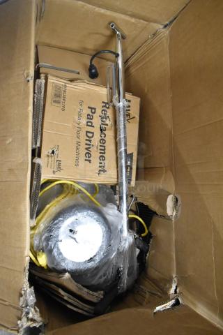 Brand new Lavex 978LAVP17A 17" rotary floor machine in damaged box, with visible label and accessories, 110-120V, single phase.
