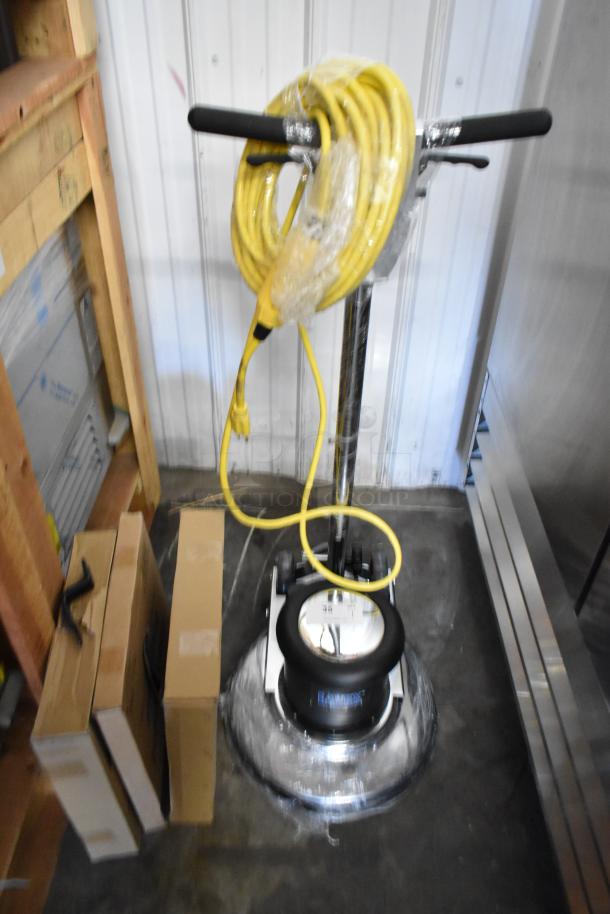 Brand new Lavex 978LAVP17A 17" rotary floor machine, single speed. Features yellow cord, 110-120V, 1 phase.