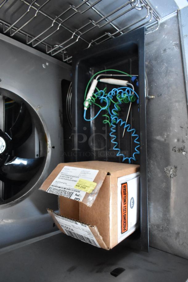 2020 Desmon GBF-15+ETL Blast Chiller, stainless steel, 220V, 3-phase. Interior view, fan visible. Includes box with labels.