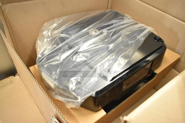 Brand new 2024 Hobart HTi commercial food portioning scale in box, 120/208-240V, 1 phase, covered in protective plastic.