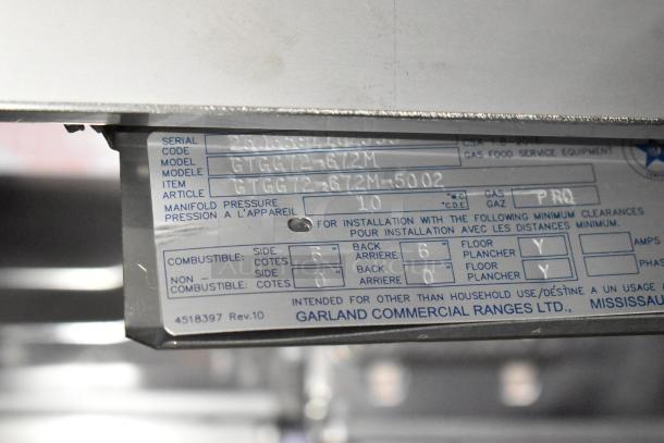 2025 Garland GTGG72-672M stainless steel griddle label, showing model and specifications for commercial use.