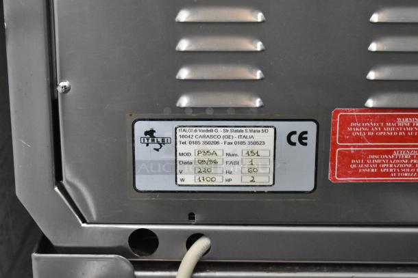 Italgi P35A commercial pasta extruder, stainless steel, 220 volts, model P35A. Manufacturer label with specs visible.