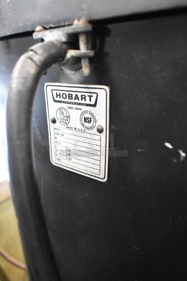 Hobart L-800 dough mixer's label showing UL and NSF certifications, model details, and Made in USA marking.