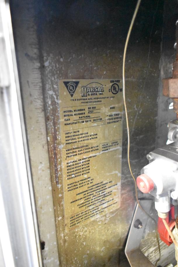 Marsal & Sons SD 660 stainless steel natural gas pizza oven, model SD 660, manufacture date 09/21/08, with specs label.