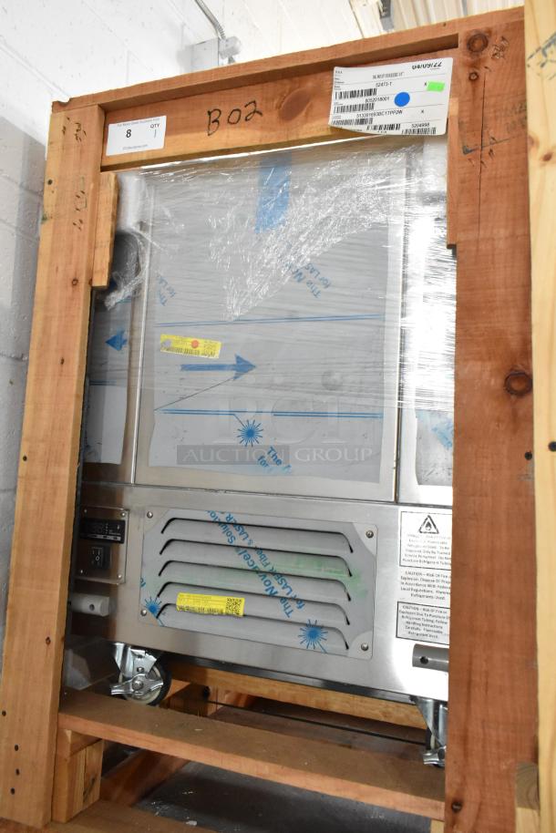 Brand new H&K 52473-1 stainless steel French fry freezer with fry basket holder, on commercial casters, in crate.