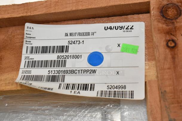 Label on crate for H&K 52473-1 French fry freezer, serial 8052018001, April 2022, on commercial casters, 115 volts.