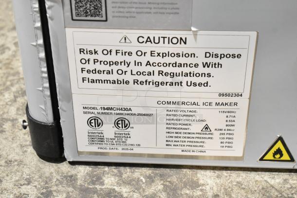 Brand new Avantco 194MCH430A stainless steel ice machine, 400 lb capacity, 115V, 1 Phase. Caution label on side.