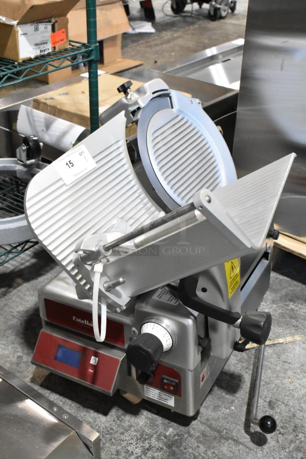 BRAND NEW Estella 348SLAS13 meat slicer, stainless steel, 13" blade, automatic/manual, blade sharpener, scale, 120V.