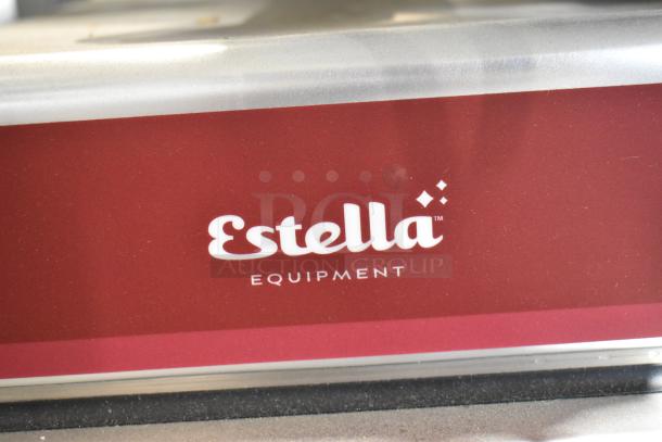 Estella 348SLAS13 stainless steel commercial meat slicer with sharpener, manual option, and scale, new condition.