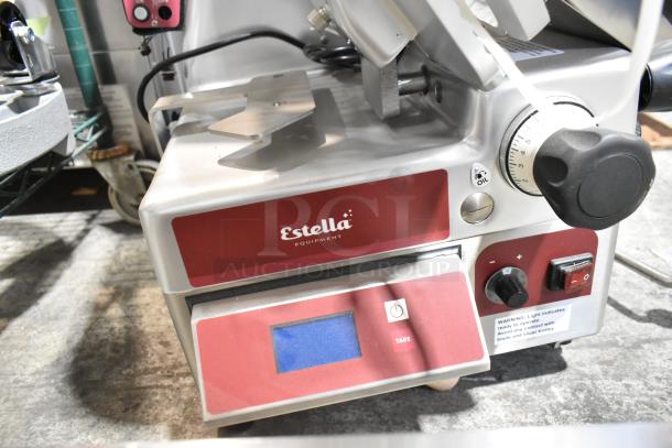 BRAND NEW Estella 348SLAS13 stainless steel 13" commercial meat slicer, automatic, blade sharpener, scale, 120V, 1-phase.