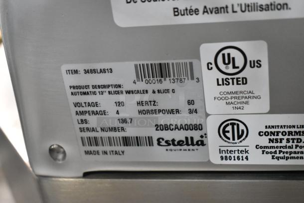 Estella 348SLAS13 stainless steel 13" automatic meat slicer with sharpener. UL and ETL listed. 120V, 1 phase. Made in Italy.