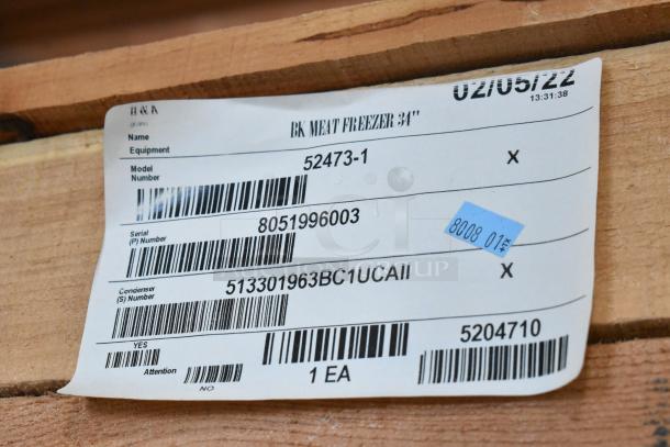 Label on crate of new 2022 H&K 52473-1 Stainless Steel Commercial French Fry Freezer, 115V, 1 Phase.