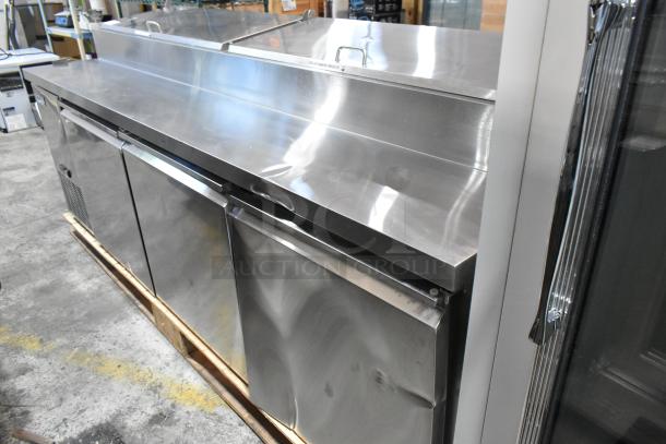 Brand new 2025 Avantco 178SSPPT3 stainless steel commercial pizza prep table, scratch and dent, on casters, 115V, 1 phase.