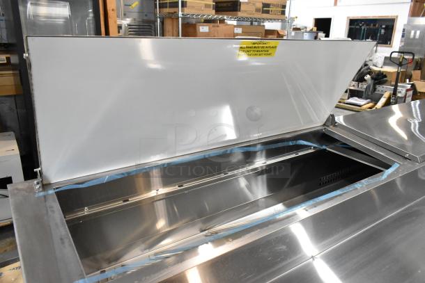 Brand new 2025 Avantco 178SSPPT3 stainless steel pizza prep table, scratch and dent, with commercial casters, 115 volts.