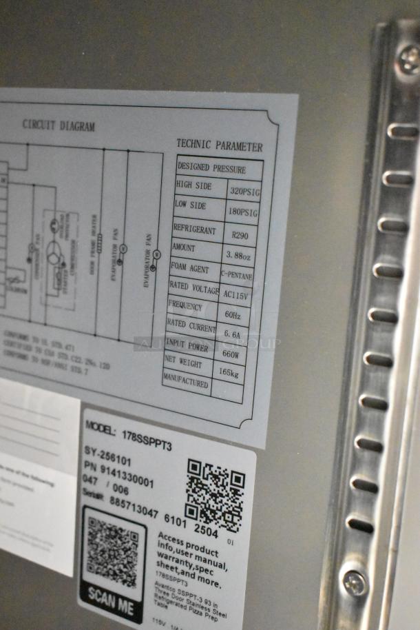 Brand new Avantco 178SSPPT3 stainless steel pizza prep table label, showing model details and specifications.