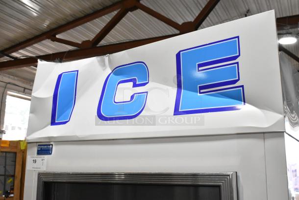 BRAND NEW Polar Temp 300 CWGP Ice Merchandiser, 30 cu. ft., with minor dents, 115V, 1 Phase, indoor use, visible "ICE" sign.