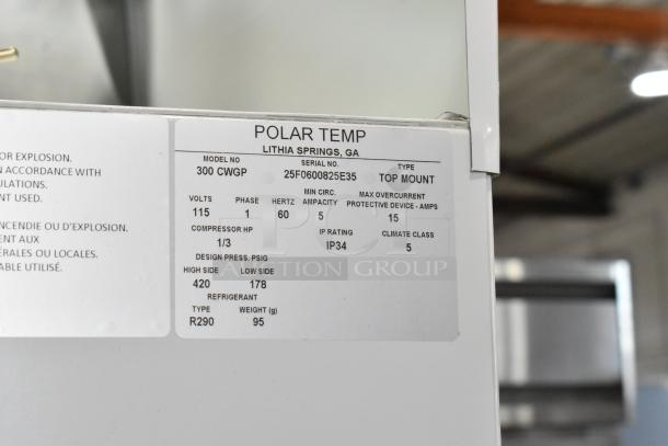 Polar Temp 300 CWGP ice merchandiser label showing specs: 115V, 1 phase, R290 refrigerant, IP34, 30 cu. ft. capacity.