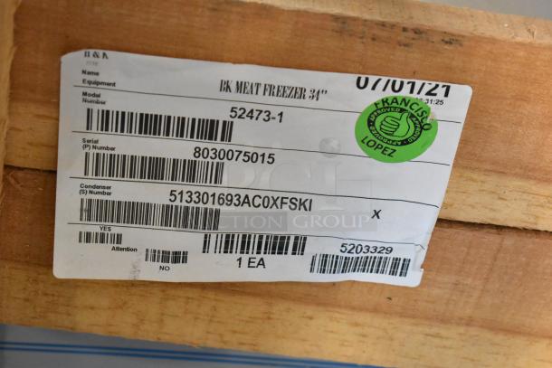 Label on a crate for a brand new H&K 52473-1 stainless steel commercial French fry freezer. Serial number: 8030075015.