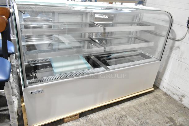 Brand new Avantco 193BC72HCW 72" refrigerated bakery display case with curved glass. Side glass damage visible. 115V, 1 phase.