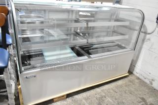 Brand new Avantco 193BC72HCW 72" refrigerated bakery display case with curved glass. Side glass damage visible. 115V, 1 phase.